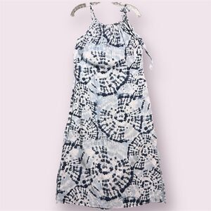 Italy Linen Midi Dress XS Tie Dye Blue Neck Bow Resort Beach Side Slit Vacation